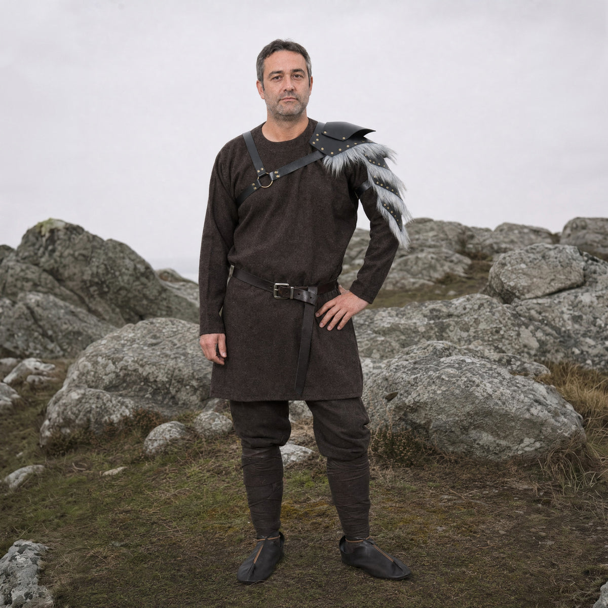 Black & Grey buckled fur-trim pauldron worn outdoors, full-length front view