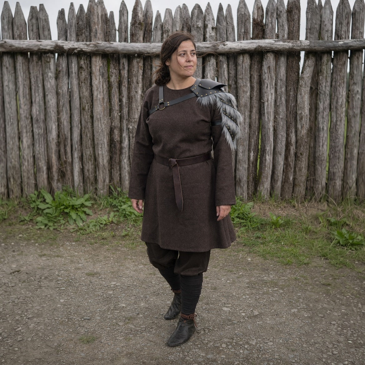 Black & Grey buckled fur-trim pauldron worn outdoors