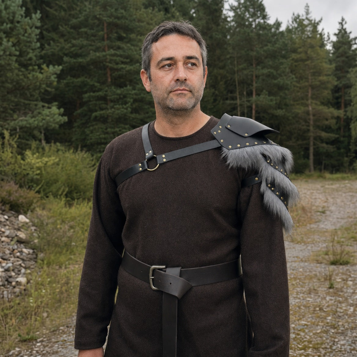 Black & Grey buckled fur-trim pauldron, three-quarter view of the shoulder