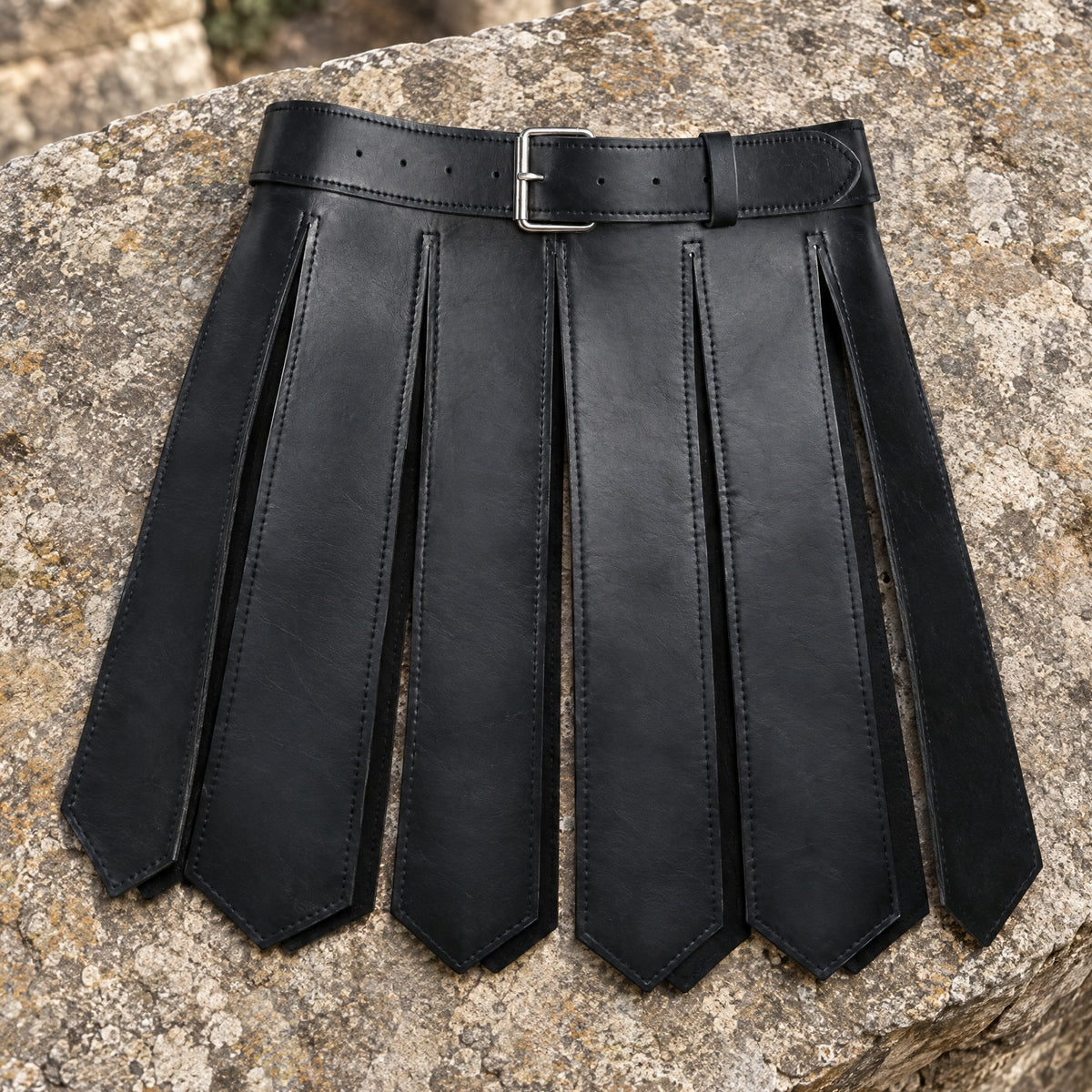 Black faux leather roman strip skirt on a rustic surface