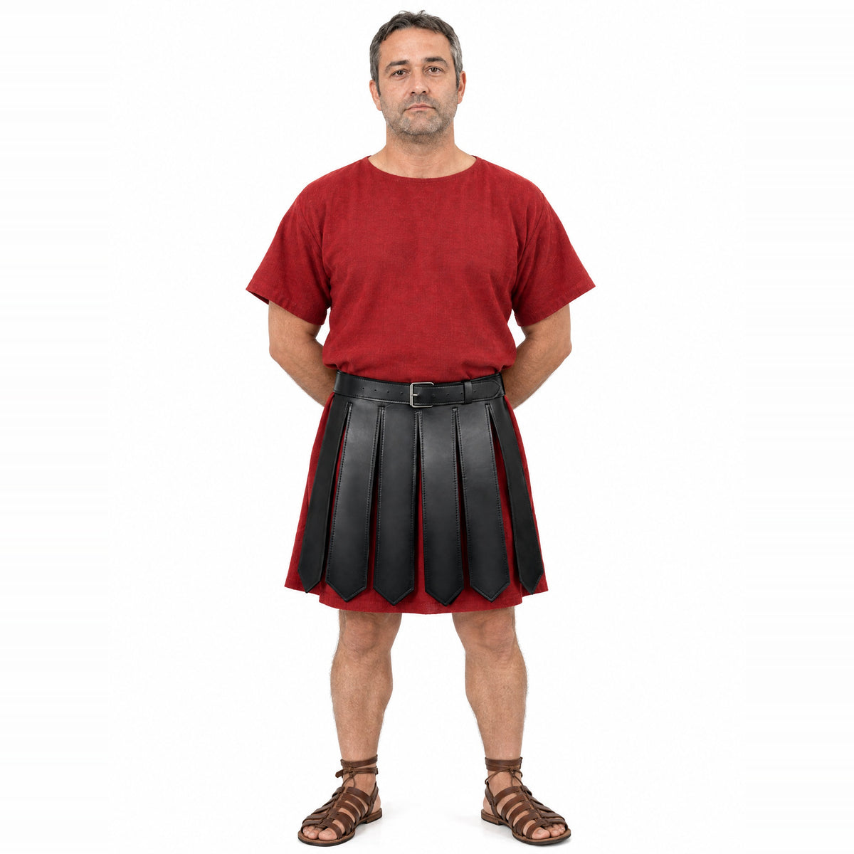 Black faux leather roman strip skirt worn by a model on a white background