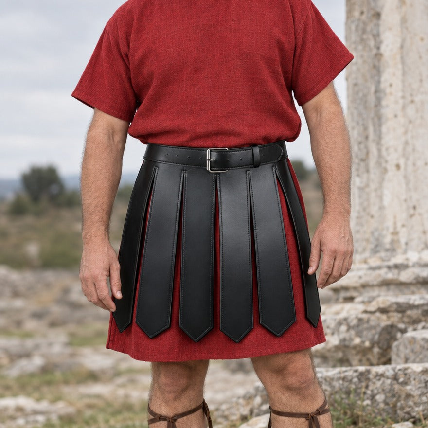 Faux leather strip skirt on a wearer, showing the 37 cm length above the knee