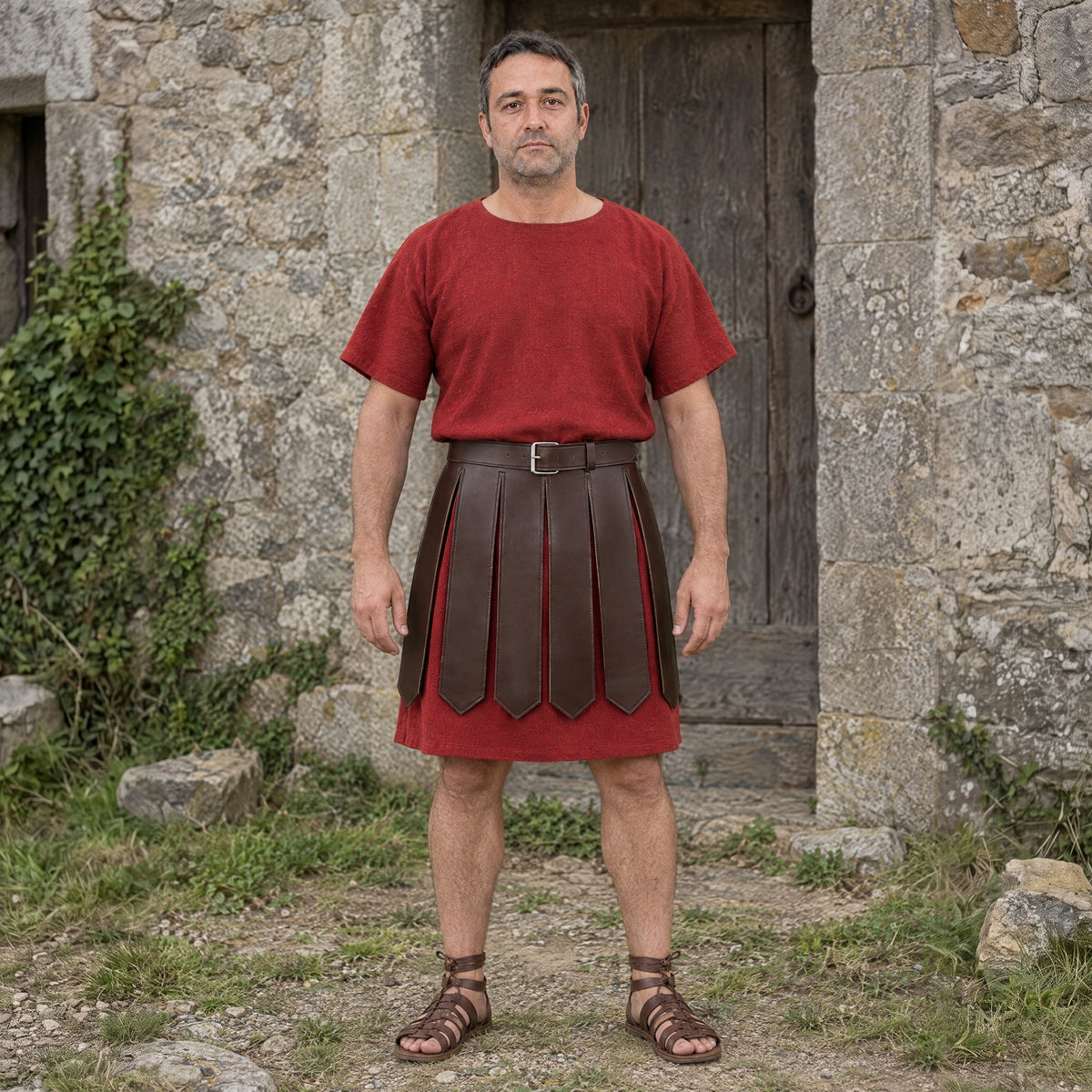 Coffee faux leather Roman strip skirt worn over a tunic outdoors, full-length front view