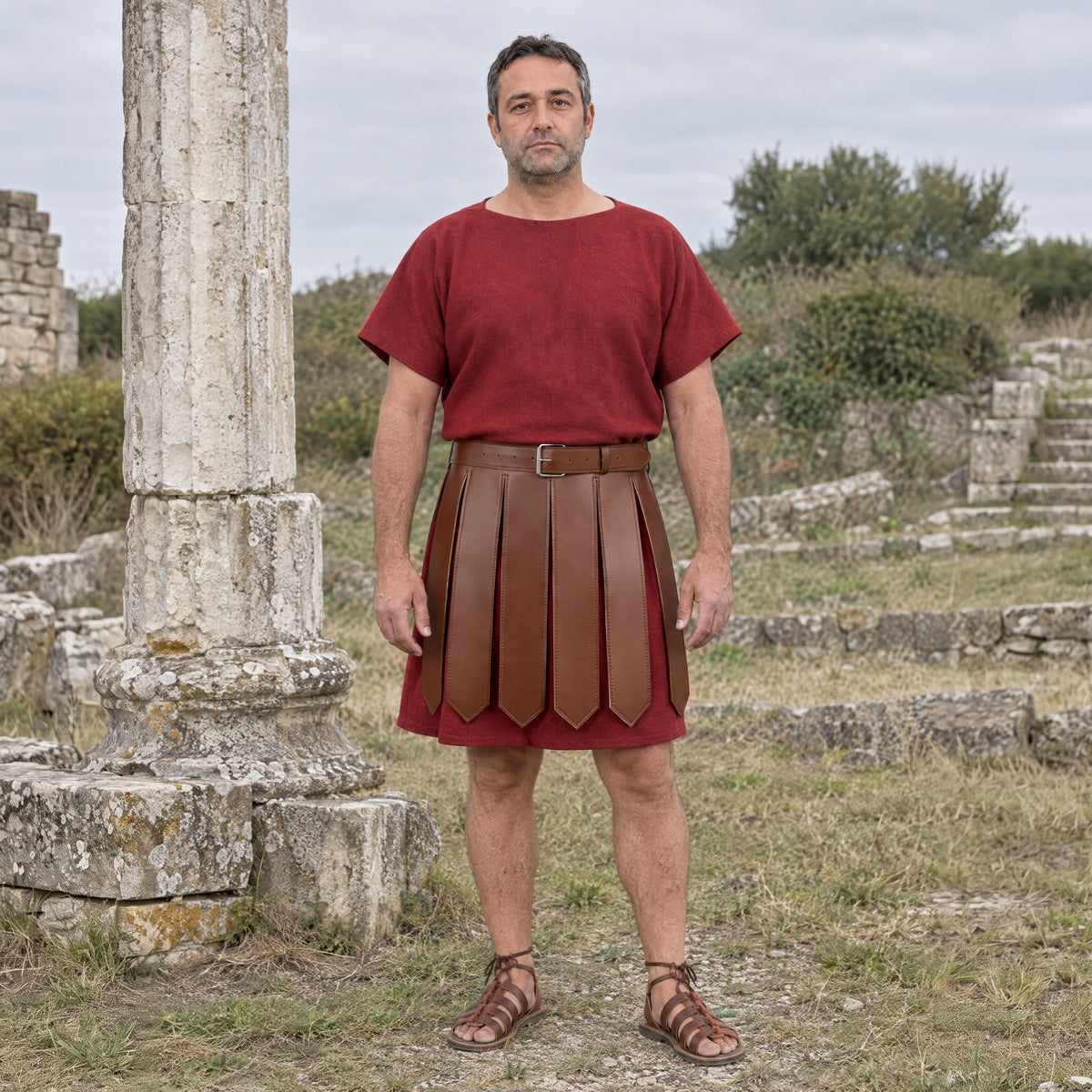Brown faux leather Roman strip skirt worn over a tunic outdoors, full-length front view