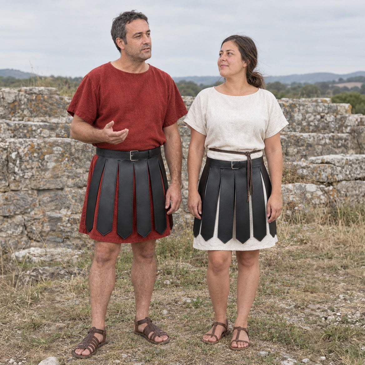 Faux leather Roman strip skirt styled with a tunic and sandals