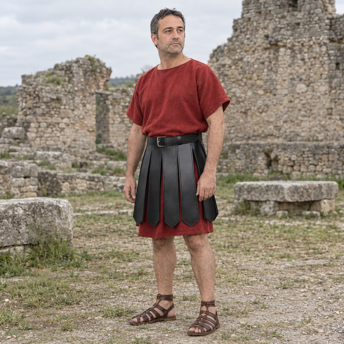 Black faux leather strip skirt, three-quarter view of the strips