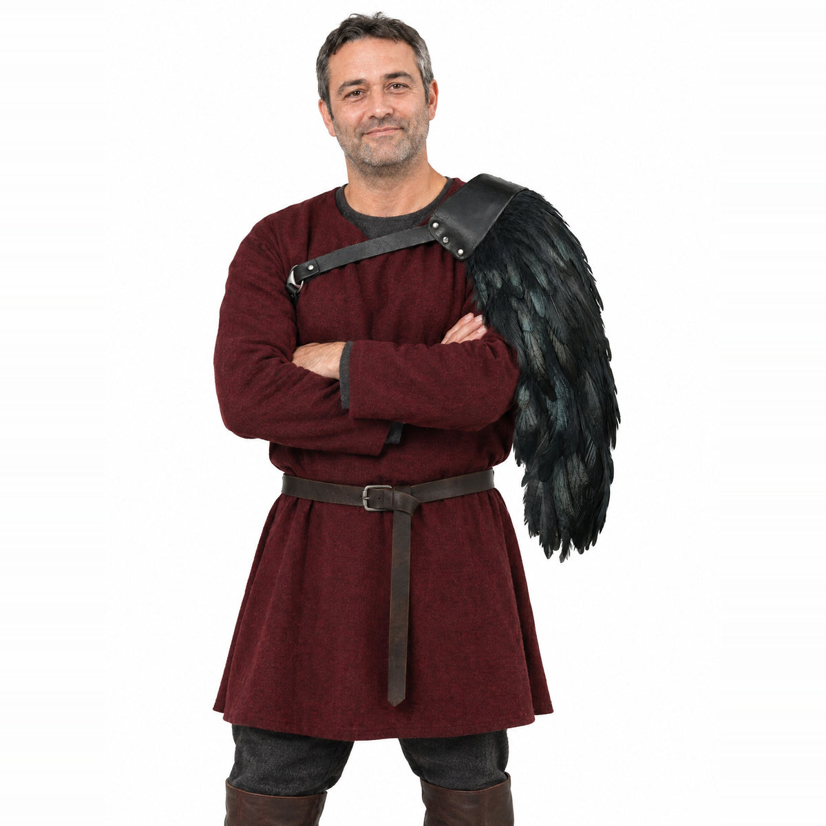 Black feathered single pauldron worn by a model on a white background