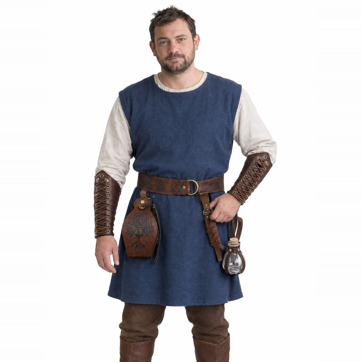 Brown five-piece belt kit with bracers worn by a model on a white background