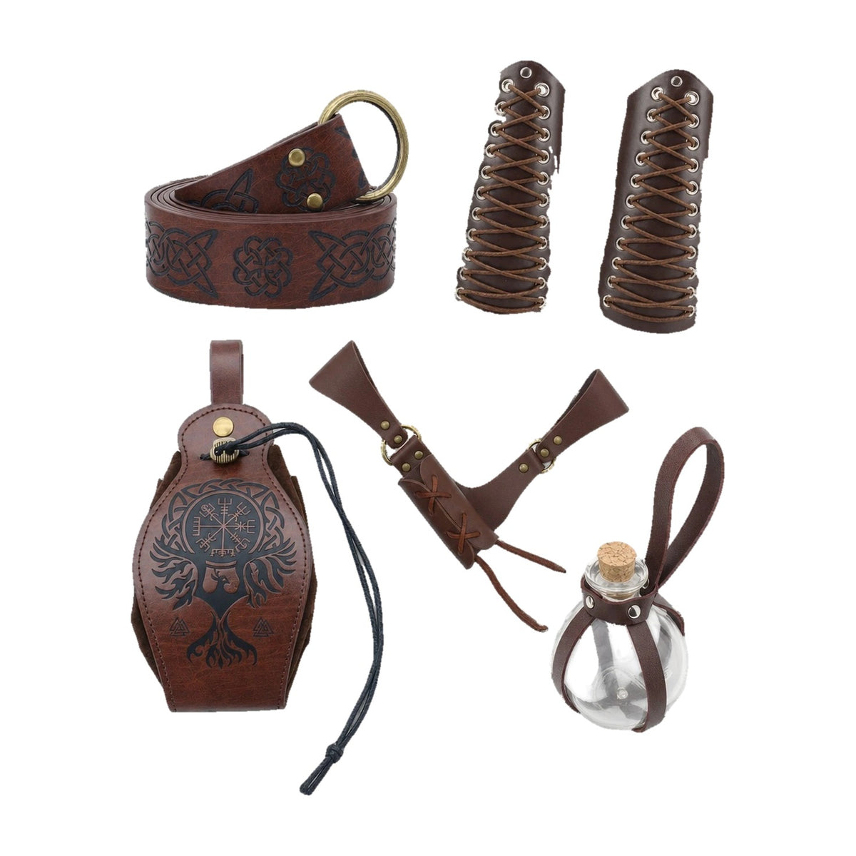 Brown five-piece belt kit with bracers
