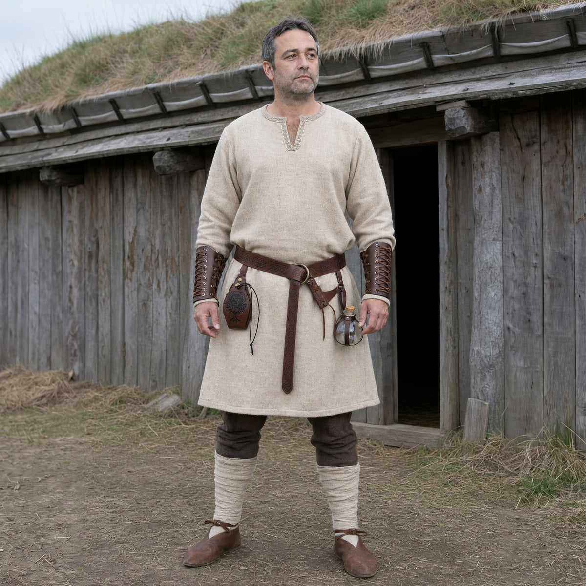 Brown five-piece belt kit with bracers worn outdoors, full-length front view