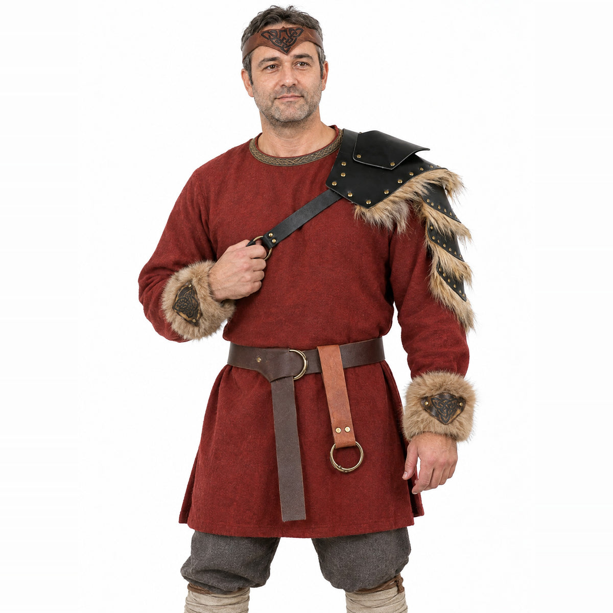 Brown five-piece fur armour set worn by a model on a white background