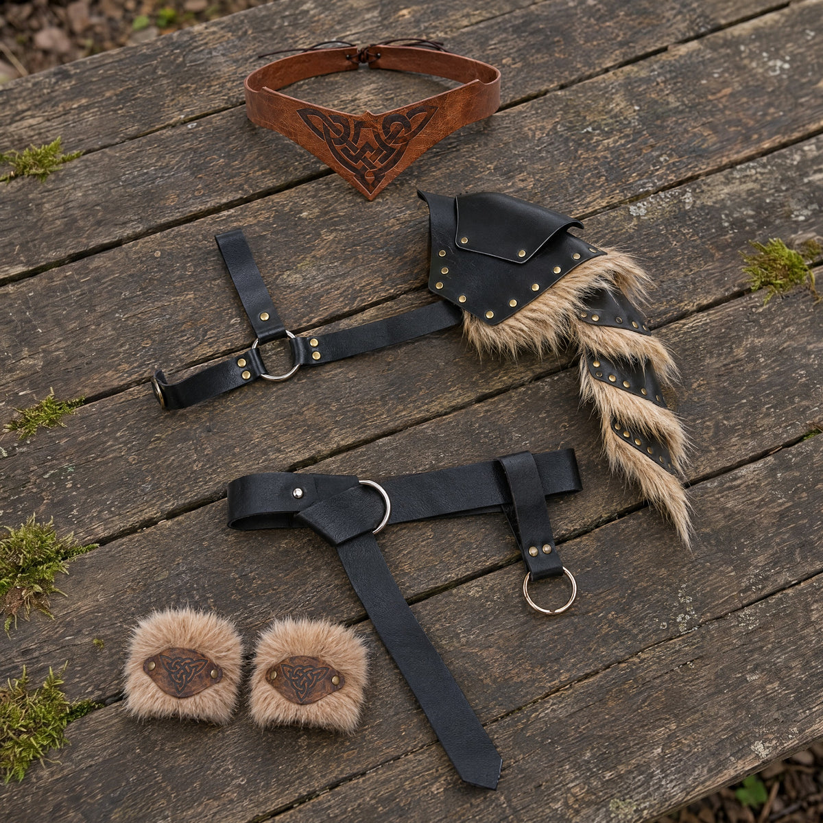 Black five-piece fur armour set on a rustic surface