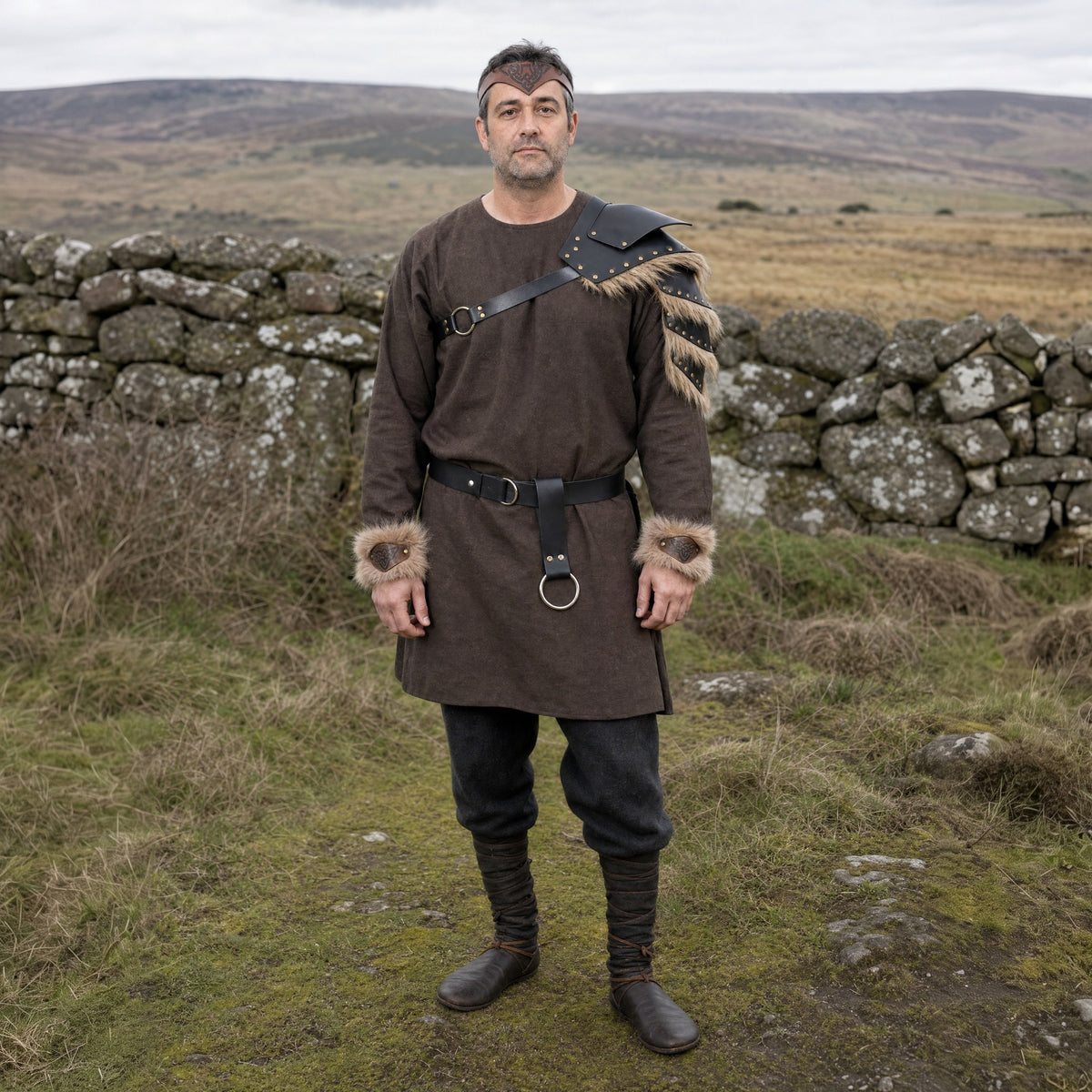 Black five-piece fur armour set worn outdoors, full-length front view