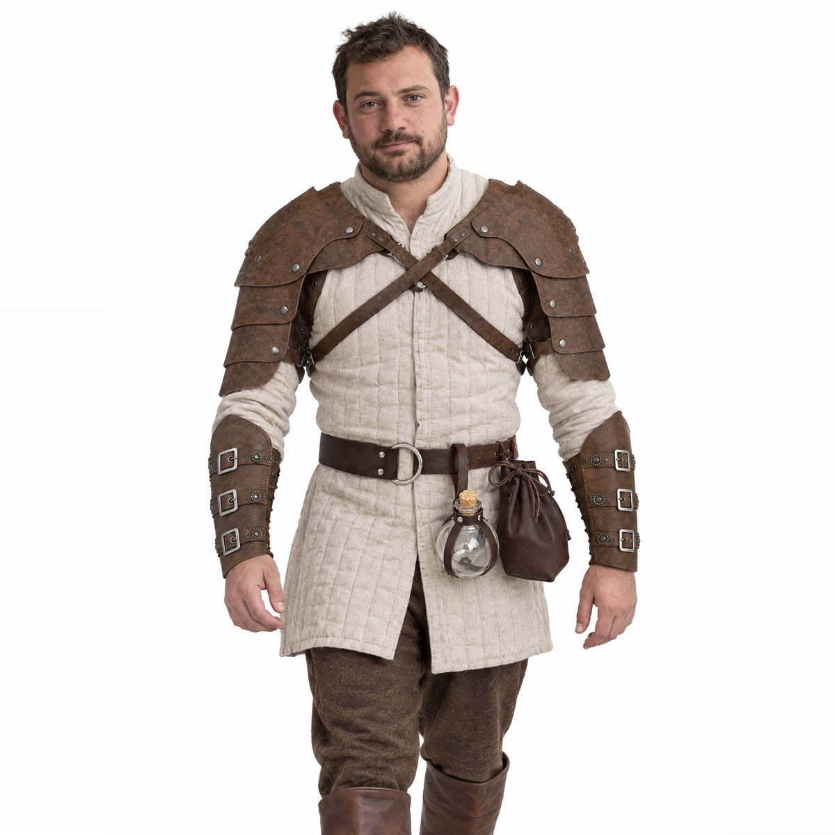 Brown five-piece pauldron and belt kit worn by a model on a white background