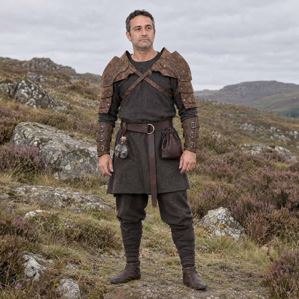 Brown five-piece pauldron and belt kit worn outdoors, full-length front view