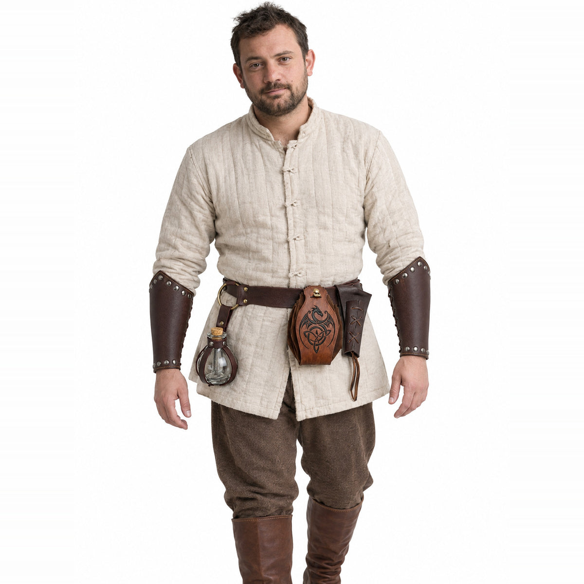 Brown five-piece knight belt kit worn by a model on a white background
