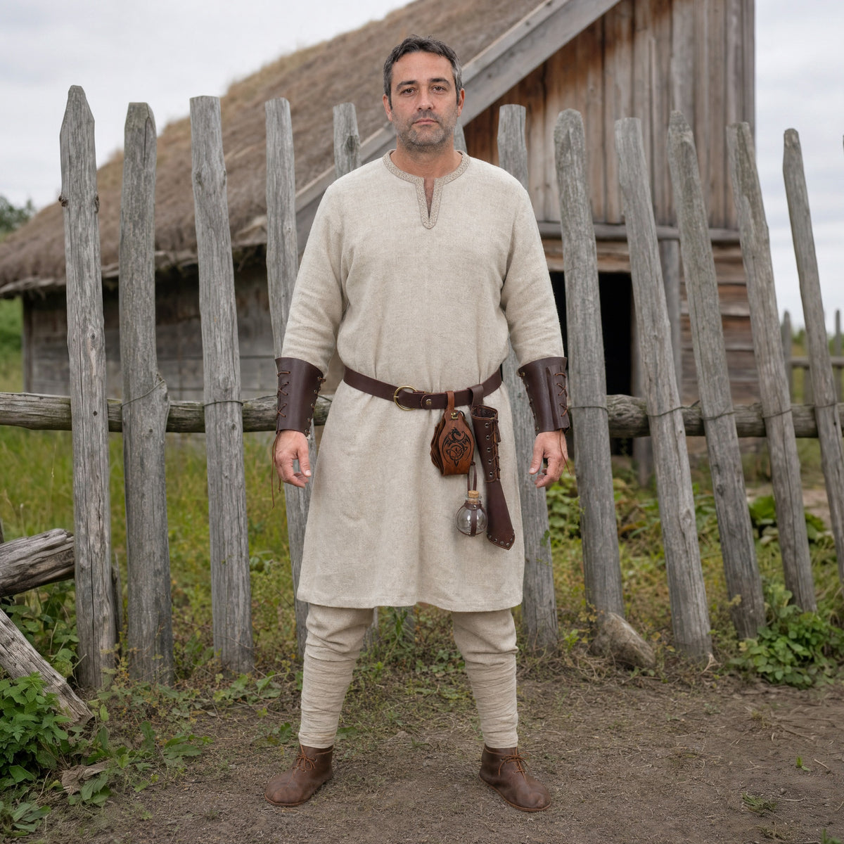 Brown five-piece knight belt kit worn outdoors, full-length front view
