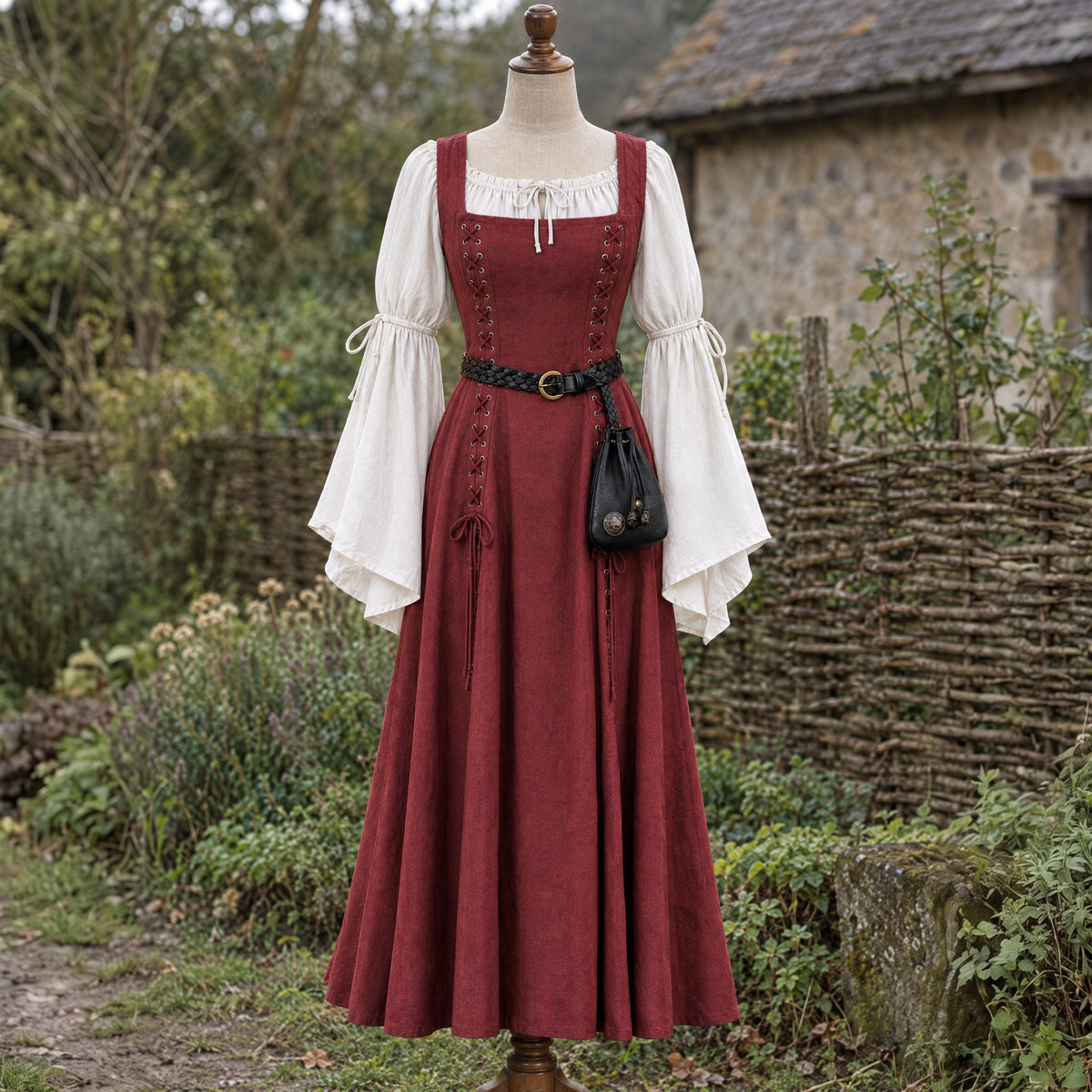 Flared-Sleeve Renaissance Blouse in a complete renaissance outfit, on a dress form