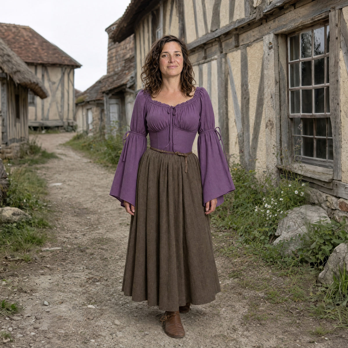 Purple flared-sleeve Renaissance blouse worn by a woman outdoors, full-length front view