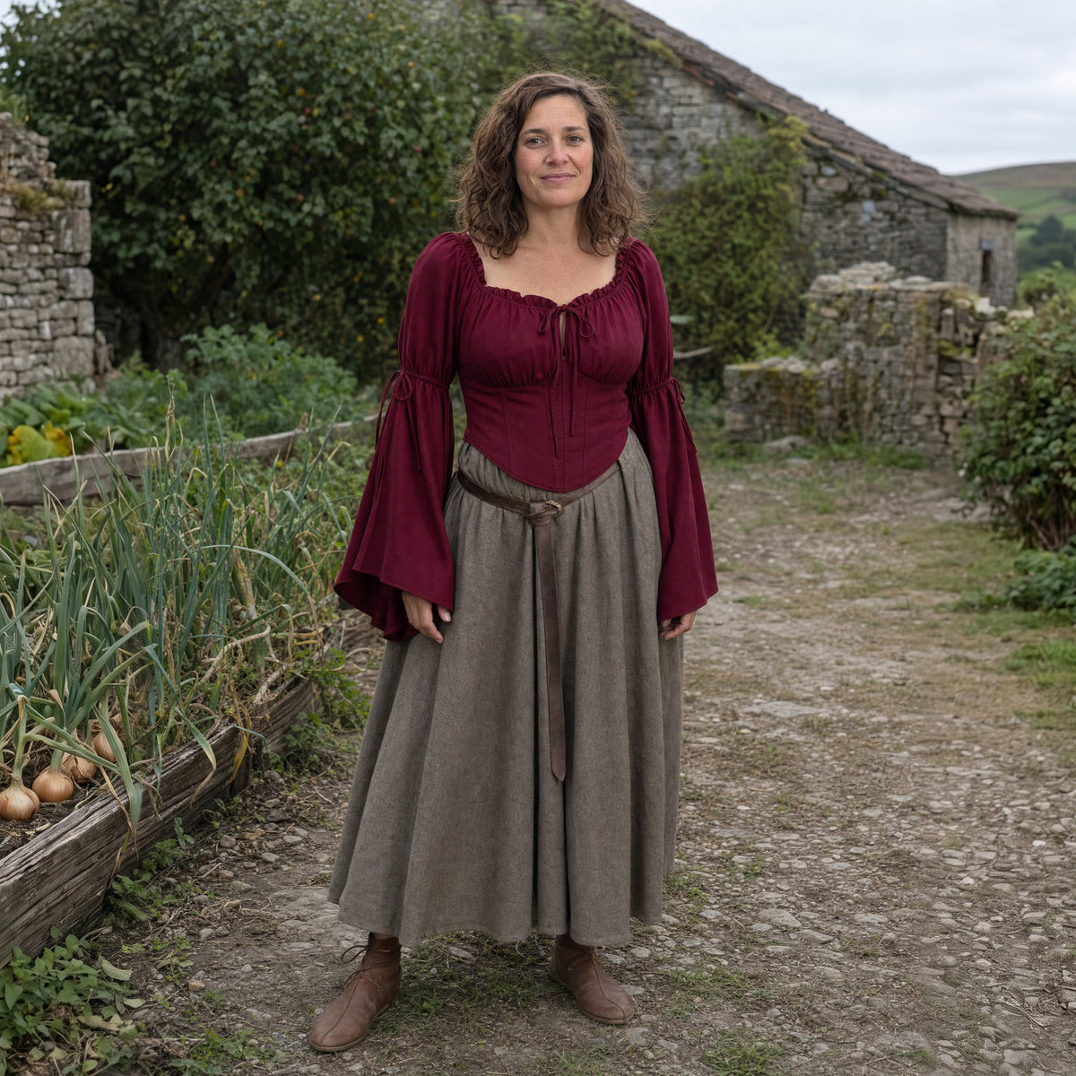Wine Red flared-sleeve Renaissance blouse worn by a woman outdoors, full-length front view