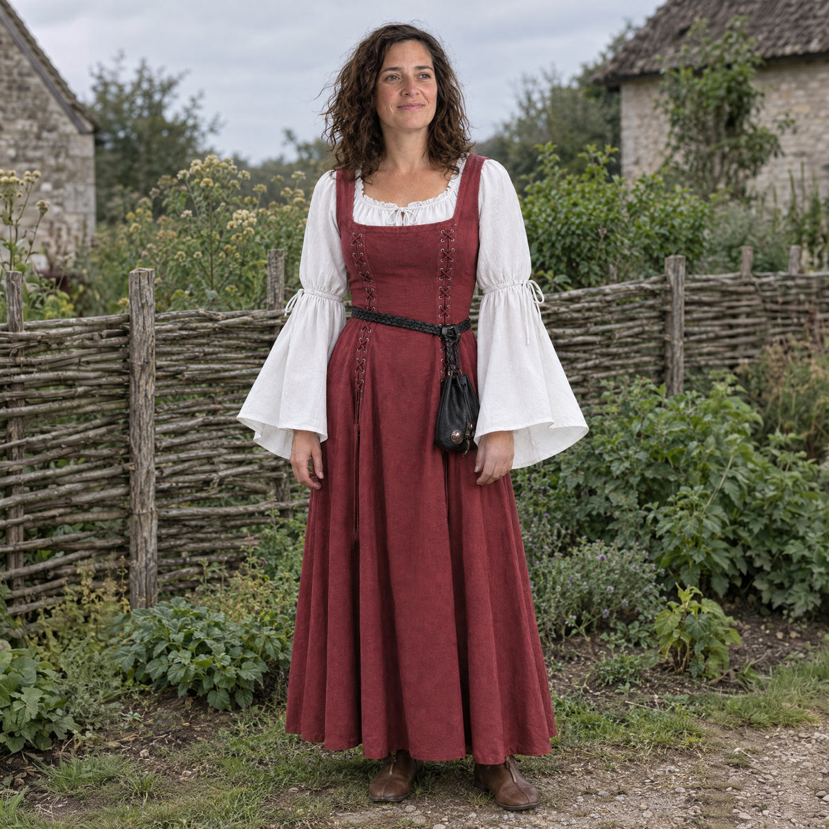 Flared-Sleeve Renaissance Blouse in a complete renaissance outfit, worn by a woman outdoors