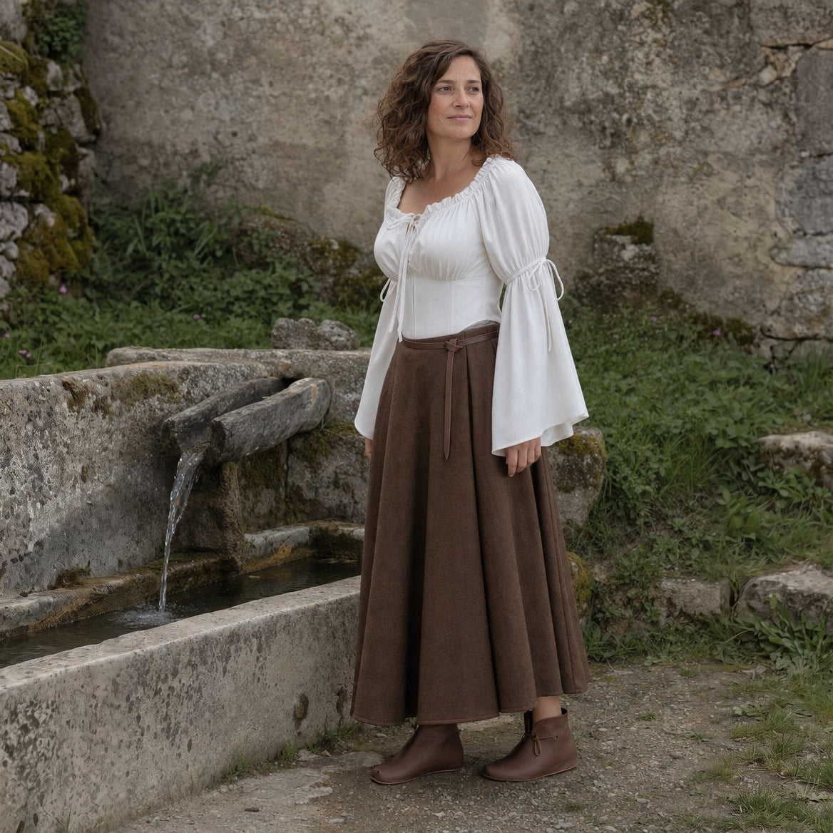 White flared-sleeve Renaissance blouse, three-quarter view of the neckline and sleeves