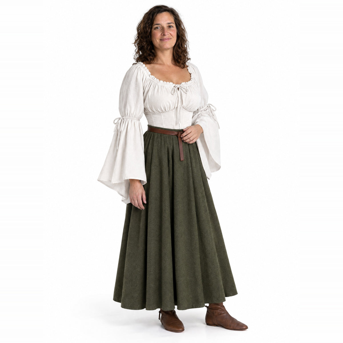 White flared-sleeve renaissance blouse worn by a model on a white background