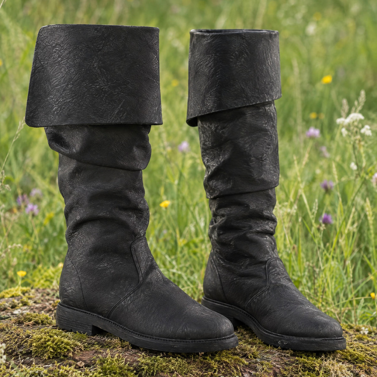 Black fold-over cuff renaissance boots on a rustic surface