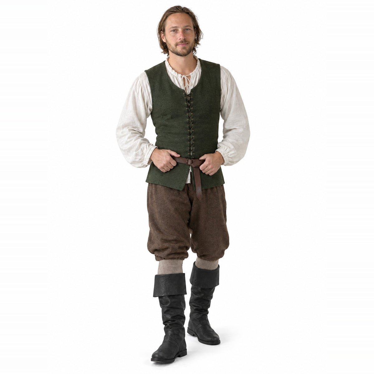 Black fold-over cuff renaissance boots worn by a model on a white background