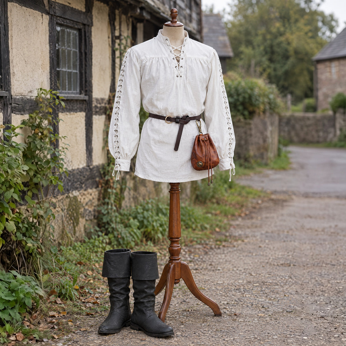 Fold-Over Cuff Renaissance Boots in a complete renaissance outfit, on a dress form