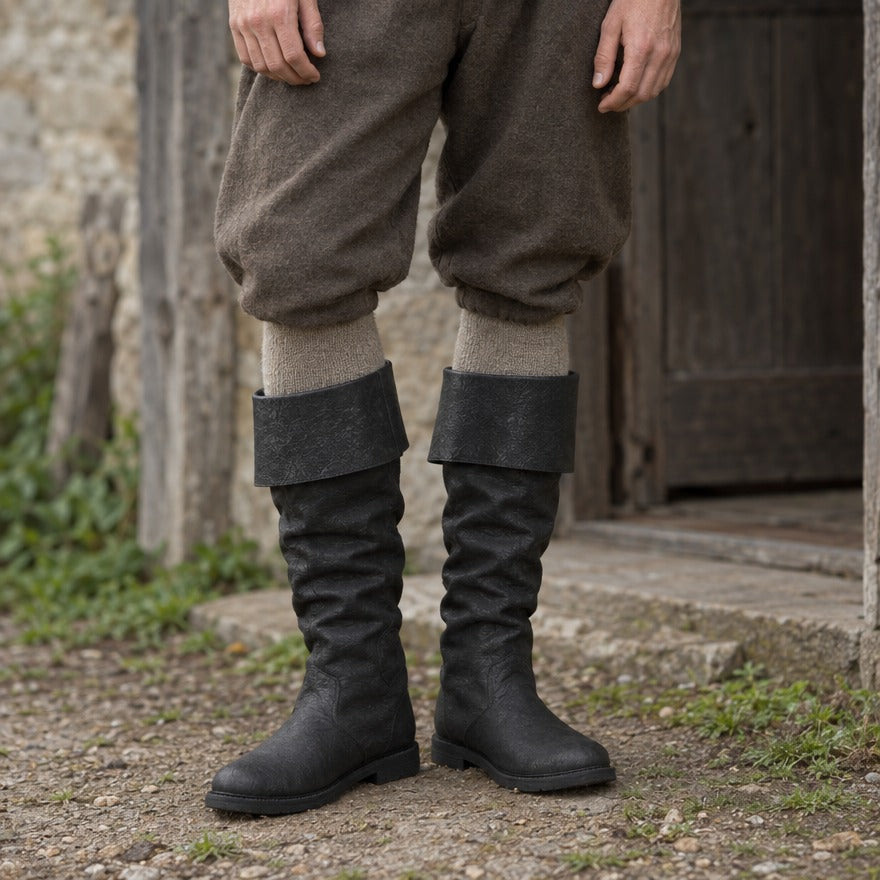 Fold-over cuff renaissance boots on a wearer, showing how high the shaft reaches