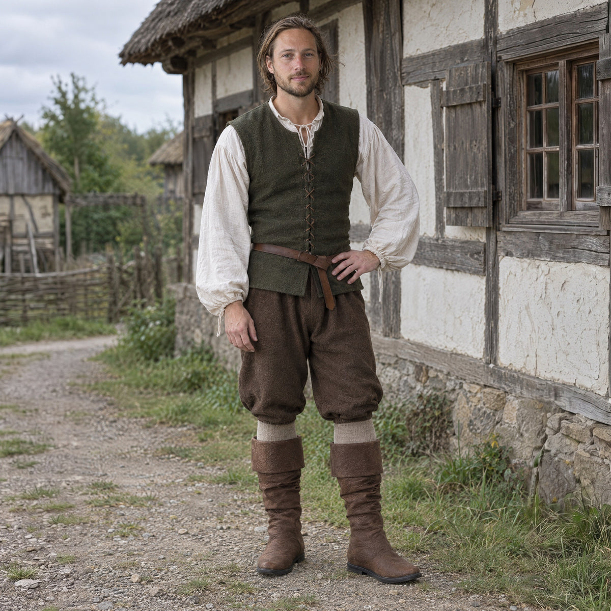 Brown fold-over cuff renaissance boots worn by a man outdoors, full-length front view