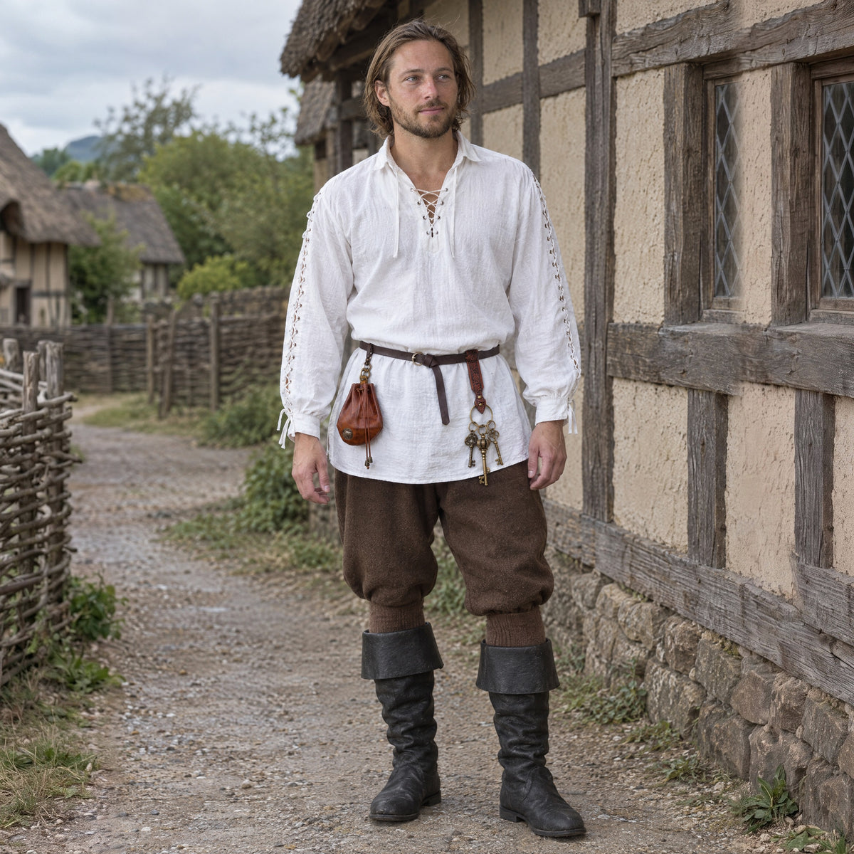 Fold-Over Cuff Renaissance Boots in a complete renaissance outfit, worn by a man outdoors