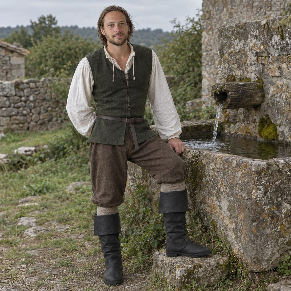 Black fold-over cuff renaissance boots, three-quarter view of the cuff and shaft