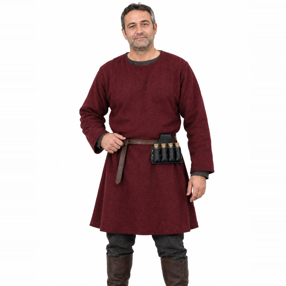 Black four-vial potion belt holder worn by a model on a white background