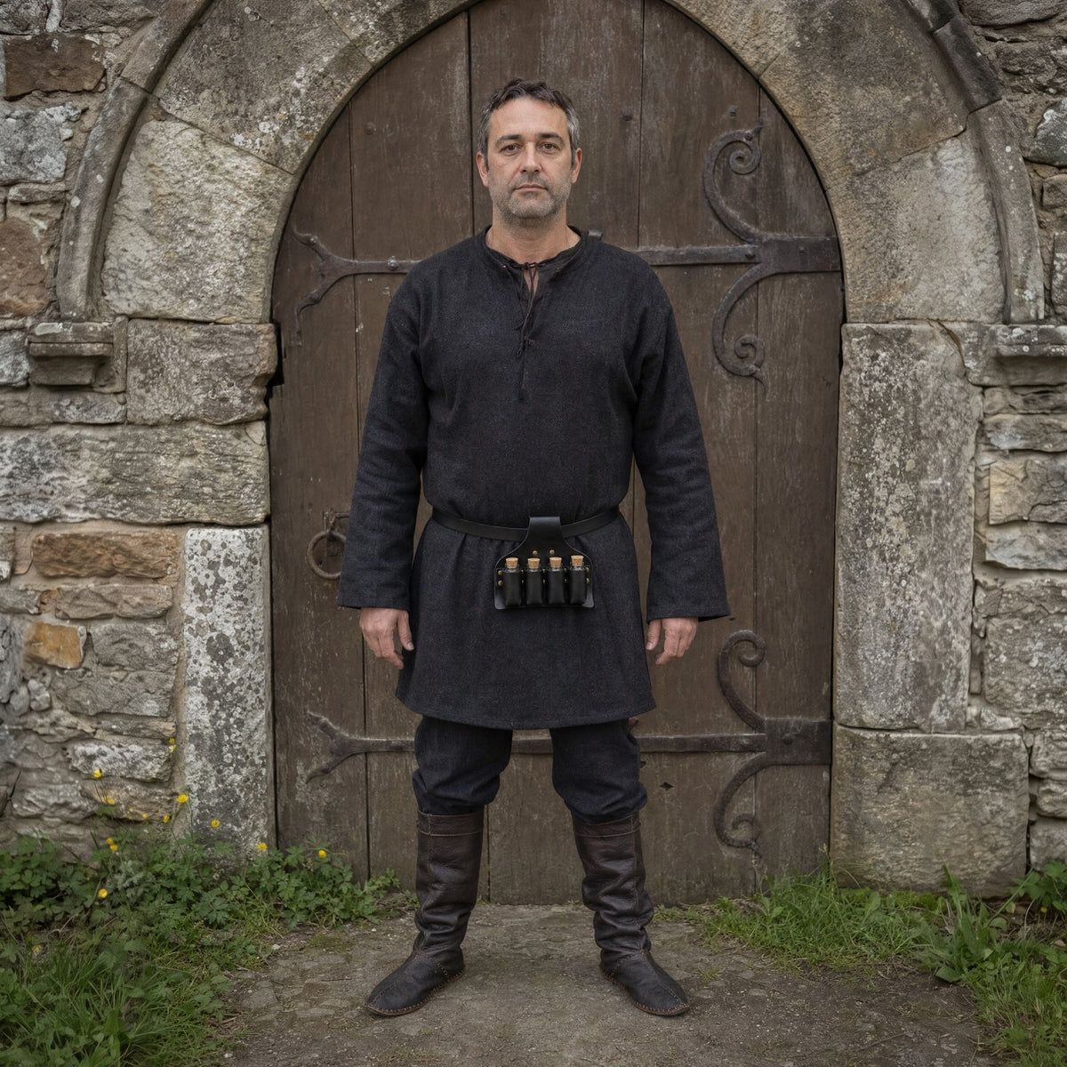 Black four-vial potion belt holder worn outdoors, full-length front view