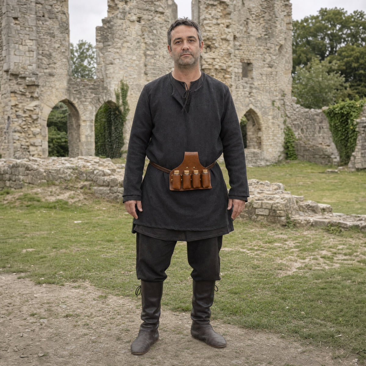 Brown four-vial potion belt holder worn outdoors, full-length front view
