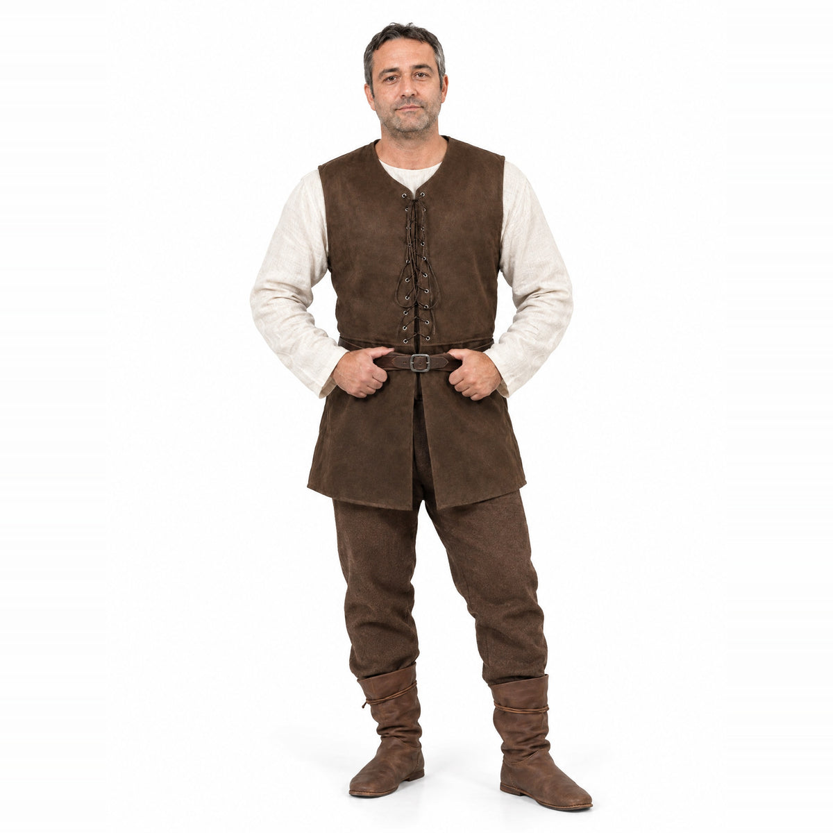 Dark brown front-laced sleeveless vest worn by a model on a white background