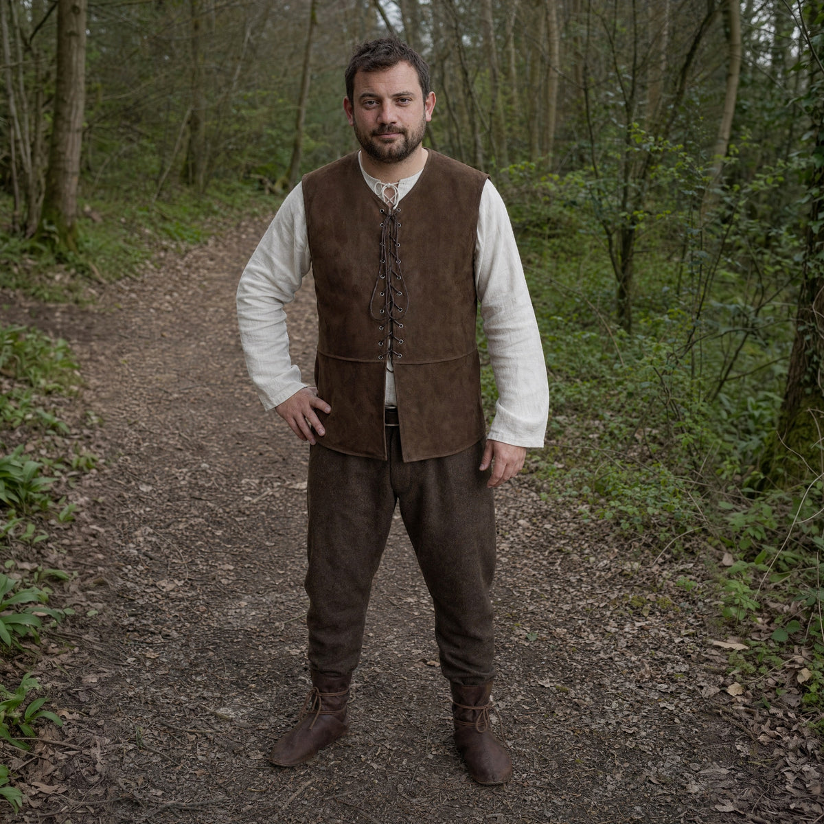 Dark Brown front-laced sleeveless vest worn outdoors, full-length front view