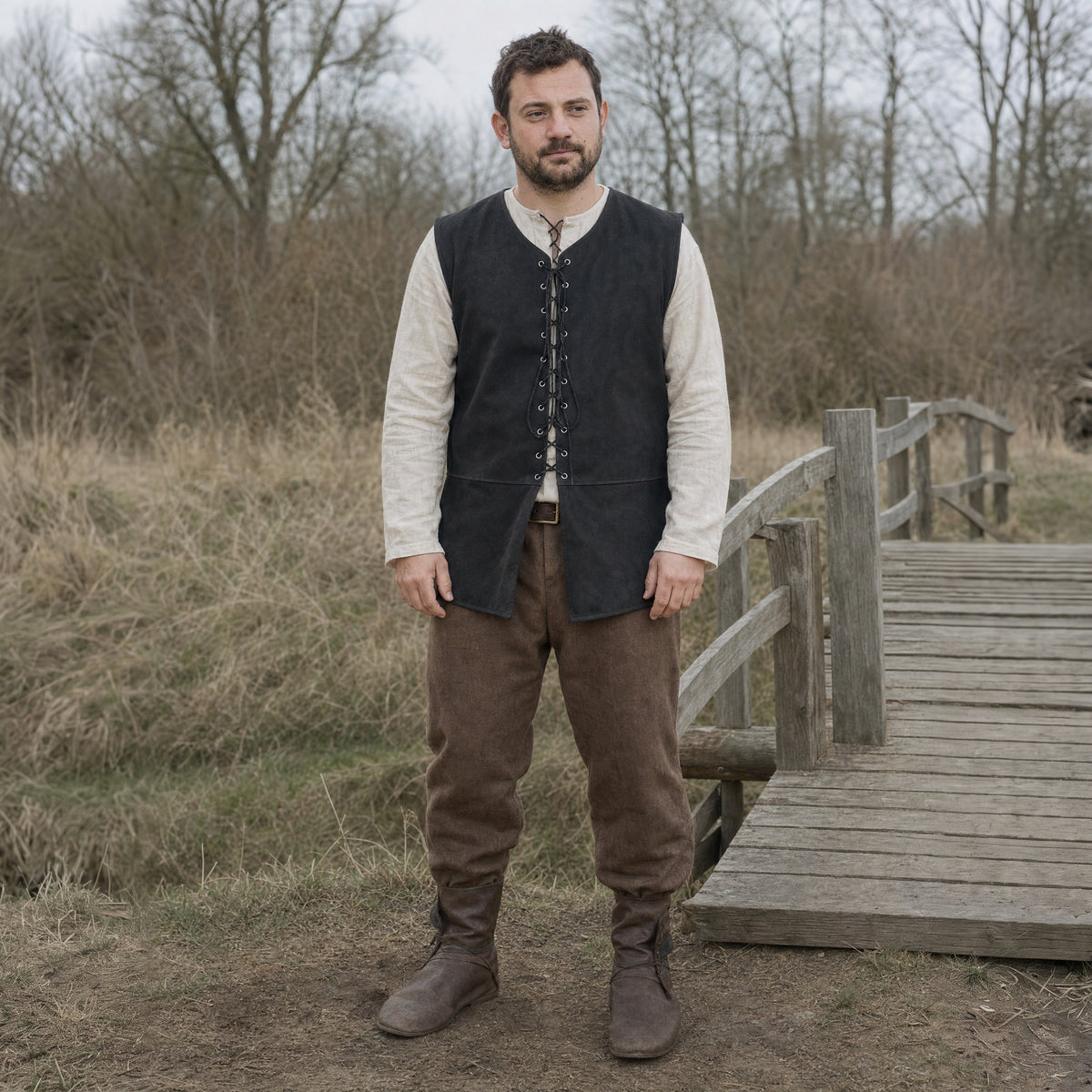 Black front-laced sleeveless vest worn outdoors, full-length front view