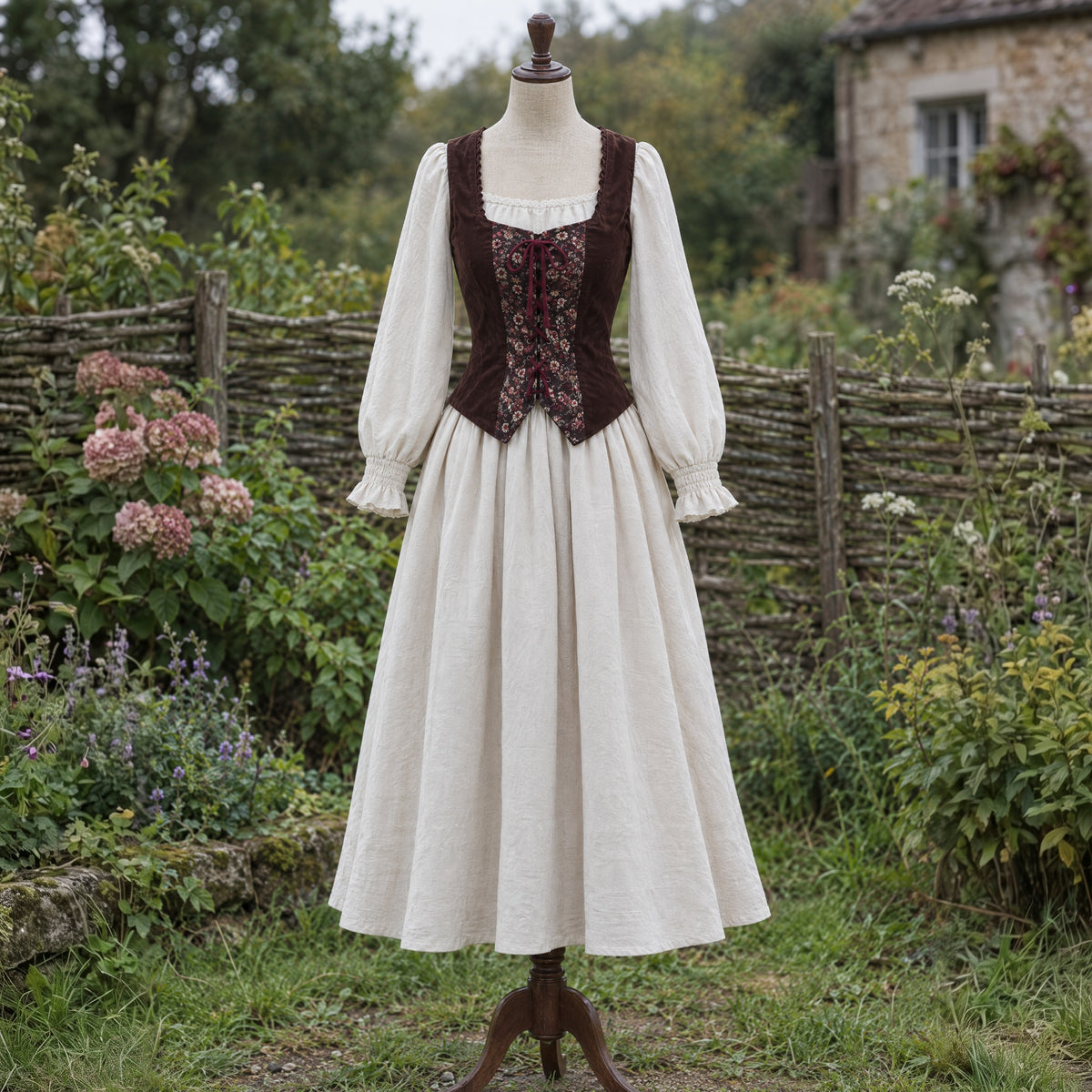 Full-skirt dress and laced vest set on a dress form outdoors