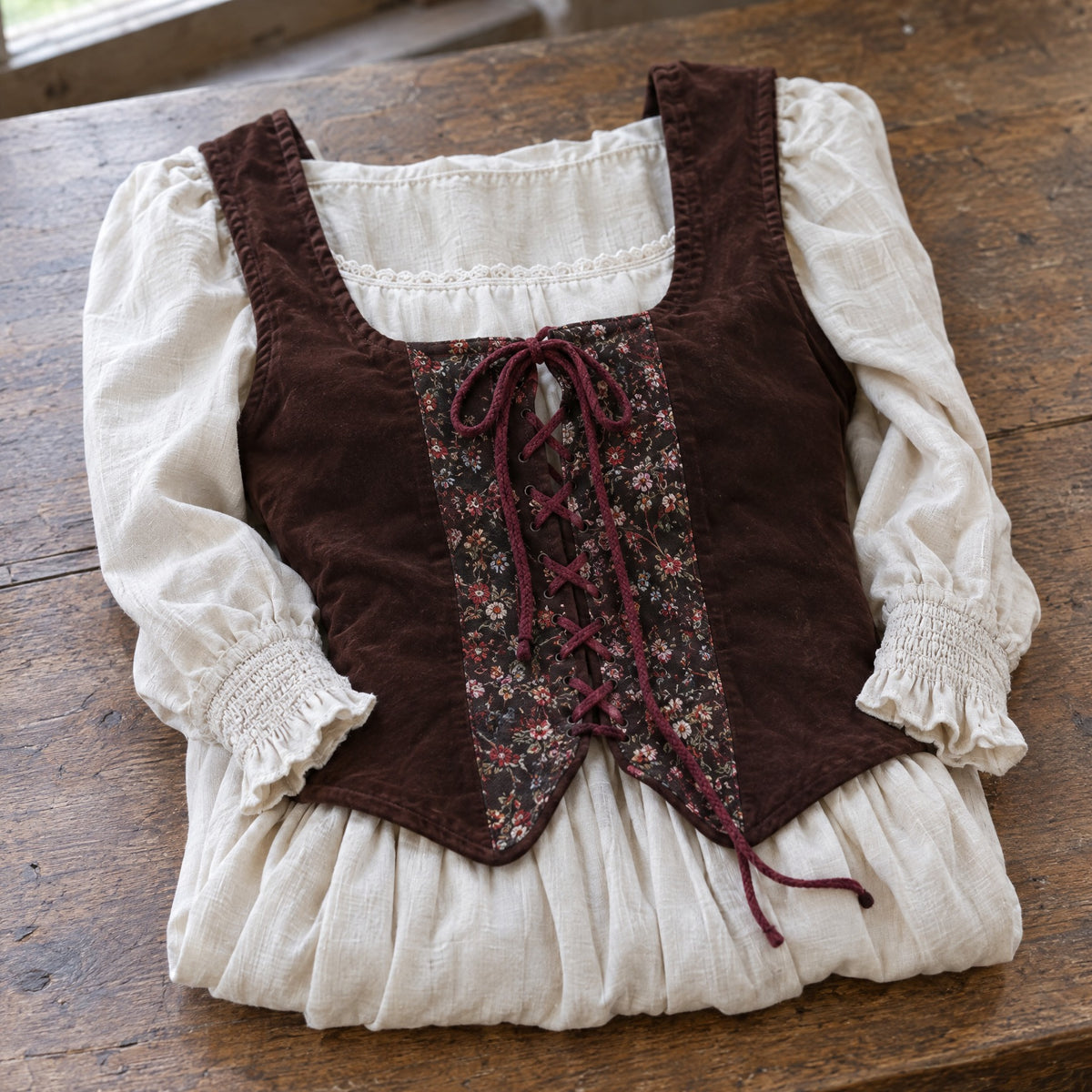 Full-skirt dress and laced vest set on a rustic surface