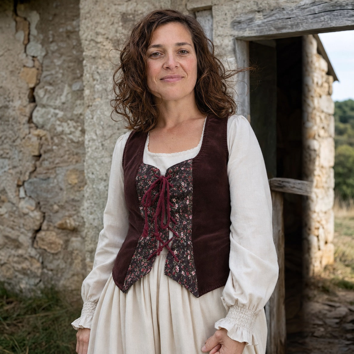 Full-skirt dress and laced vest set, close view of the laced front