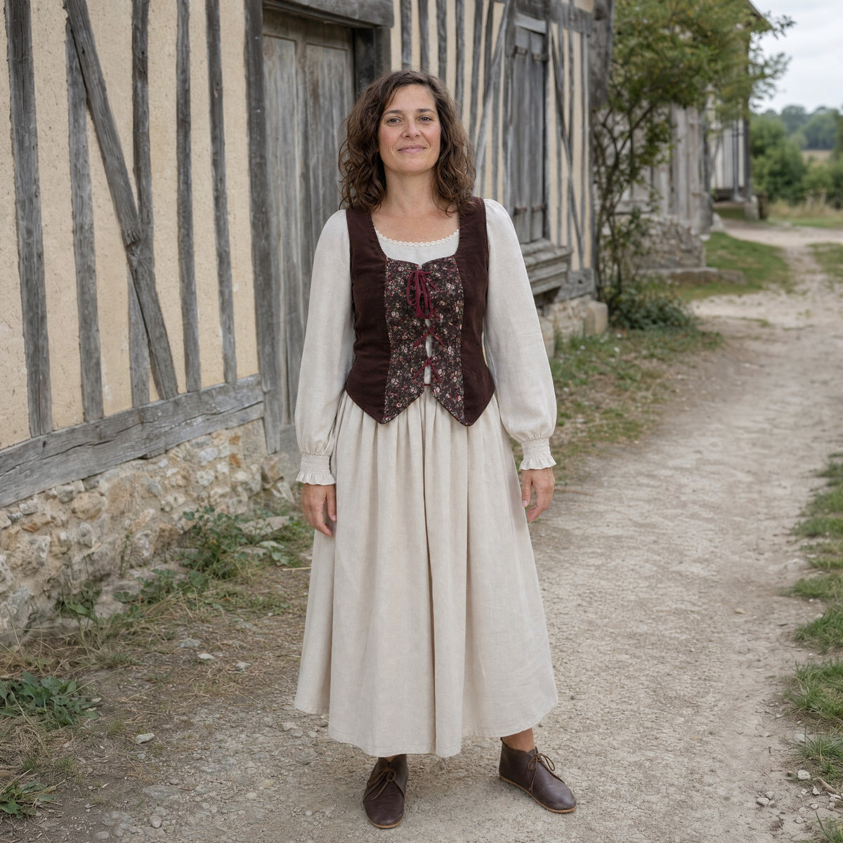 Full-skirt dress and laced vest set worn outdoors, full-length front view