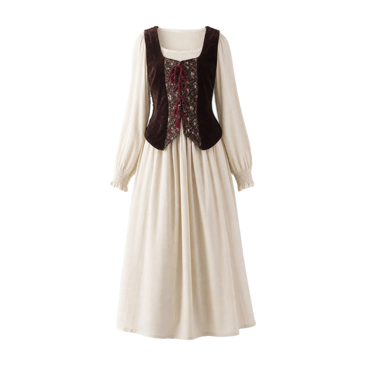 Full-skirt dress and laced vest set