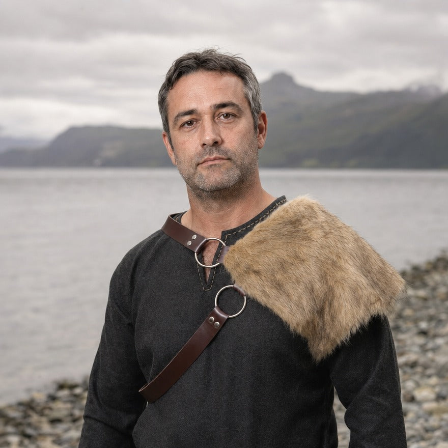 Fur-look pauldron on a wearer, showing how much of the shoulder it covers