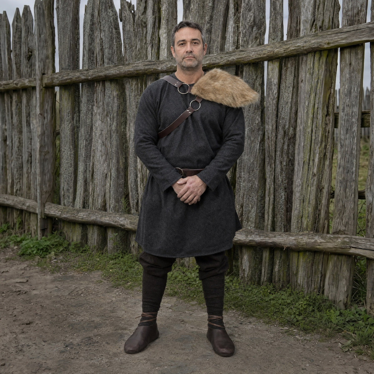 Brown fur-look pauldron worn on one shoulder outdoors, full-length front view