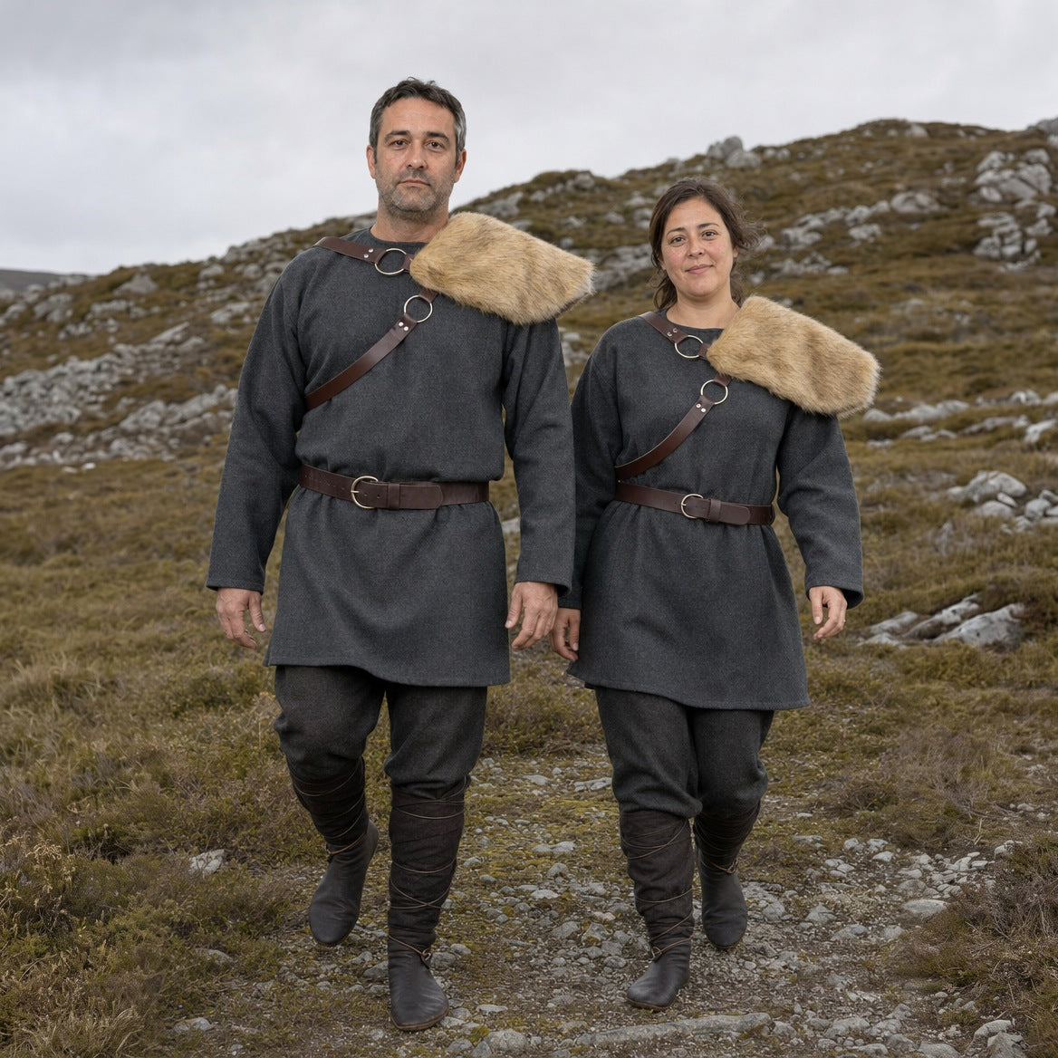 Fur-look pauldron styled with a Viking tunic, belt and boots