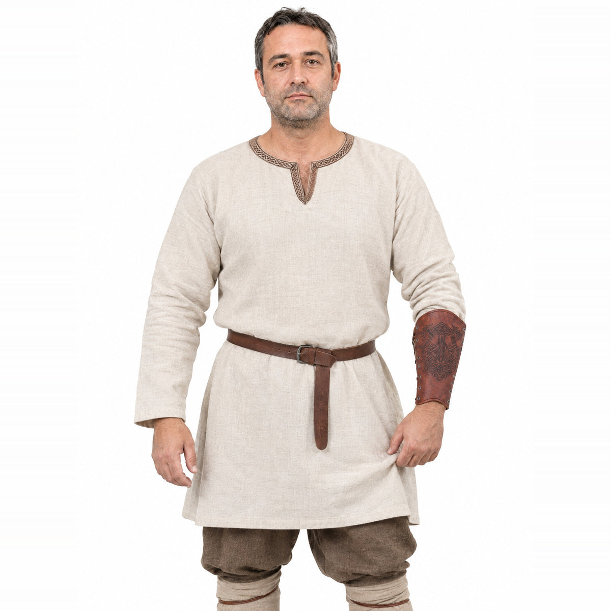 Red-brown hammer and dragons bracer worn by a model on a white background
