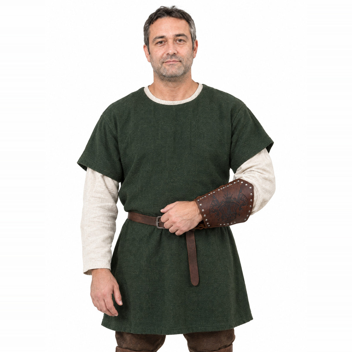 Brown heraldic banner bracer worn by a model on a white background